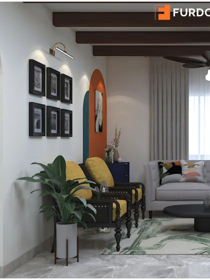 We love adding pops of color and personality. This space features traditional Indian seating in bright yellow, set against colorful wall arches and a gallery of framed photos.