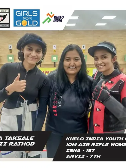 Our shooters Isha Taksale and Anvii Rathod with their coach after their successful performance at the Khelo India Youth Games.