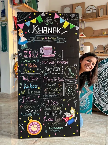 Celebrating a first birthday with a custom-designed chalkboard. It highlights all of the baby's milestones, favorite things, and cute nicknames.