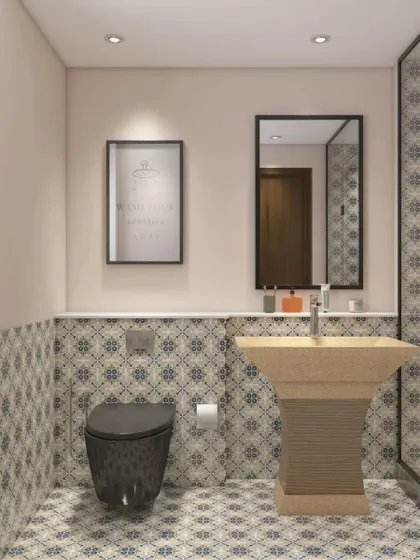 Another bathroom design option with a different sink style and a framed mirror, showcasing our design flexibility.