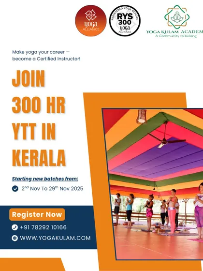 Make yoga your career with our 300-hour YTTC in Kerala. This poster shows students practicing in our colorful shala, a space designed to inspire creativity and deep learning.