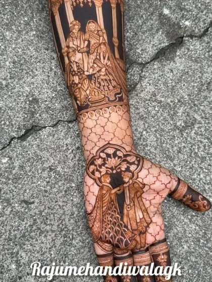 This design focuses on the wedding rituals, with the varmala ceremony on the palm and the pheras on the arm. The use of negative space makes the figures clear and impactful.
