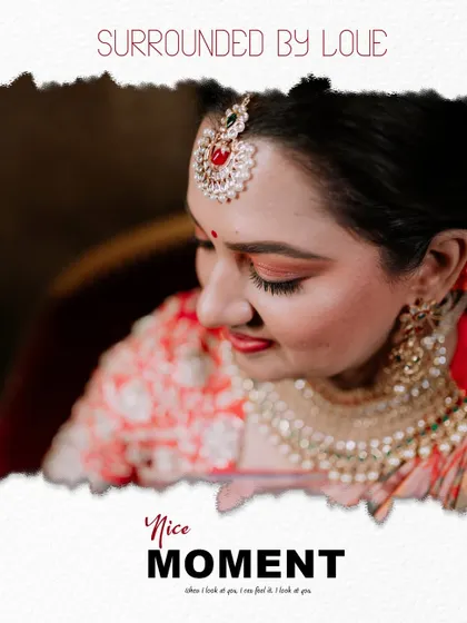 A close-up, artistic portrait of the bride looking down, highlighting her makeup and jewelry.