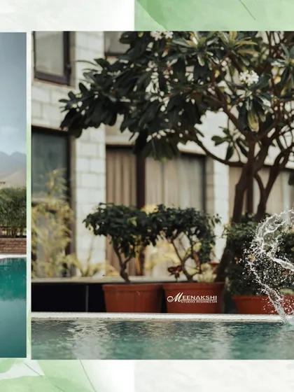 An artistic shot capturing the splash of water in a pool, with the resort and trees in the background. This kind of detail shot adds a dynamic and refreshing element to a gallery.