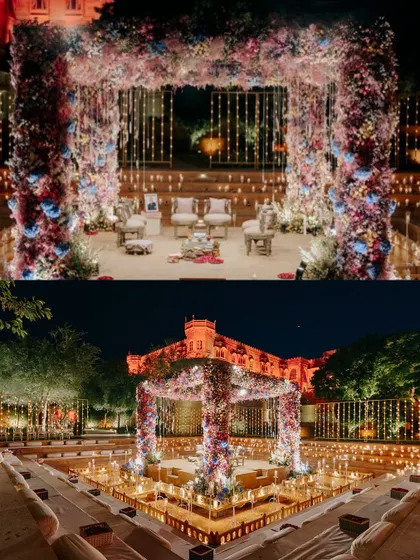 A mandap that blooms. Set in the iconic courtyard of Suryagarh, Jaisalmer, this structure was covered in a stunning palette of rich greens, lavenders, and pinks. Surrounded by hundreds of candles, it was a magical setting for a royal desert wedding.