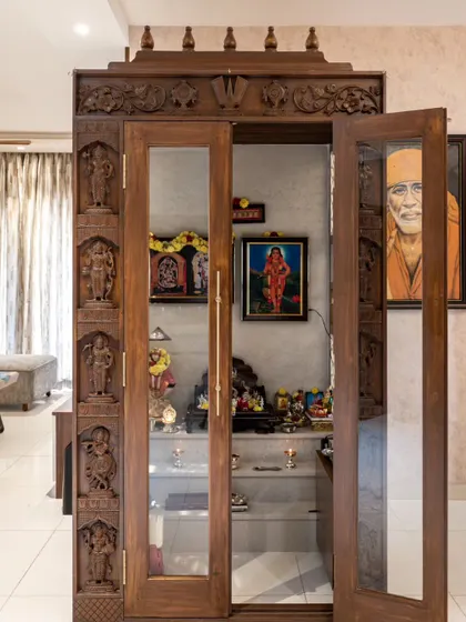 The final, installed puja unit. My 3D renders ensure that every detail, from the Dashavatar carvings to the hardware, is exactly as the client envisioned.