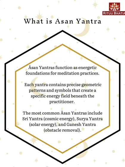 Asan Yantras serve as energetic foundations for meditation. Each one, whether it's a Sri Yantra for cosmic energy or a Ganesh Yantra for obstacle removal, creates a specific energy field to support your spiritual practice.