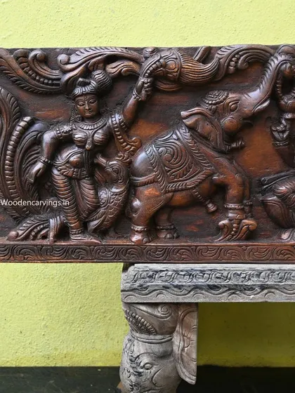 A detail from a 48-inch Gaja Lakshmi panel, showing an attendant lady next to a beautifully decorated elephant.