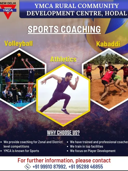At our Rural Community Development Centre in Hodal, we focus on nurturing competitive talent. This poster highlights our expert coaching for Volleyball, Athletics, and Kabaddi, specifically designed to prepare athletes for Zonal and District level competitions.