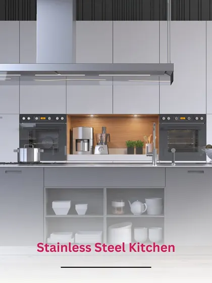 For a professional, high-end look, a stainless steel kitchen is a great option. It's durable, hygienic, and gives the space a sleek, industrial-chic aesthetic.