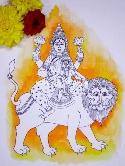 A duplicate image of my drawing of Devi Skandamata. The yellow and orange watercolor background gives the piece a warm, divine glow.