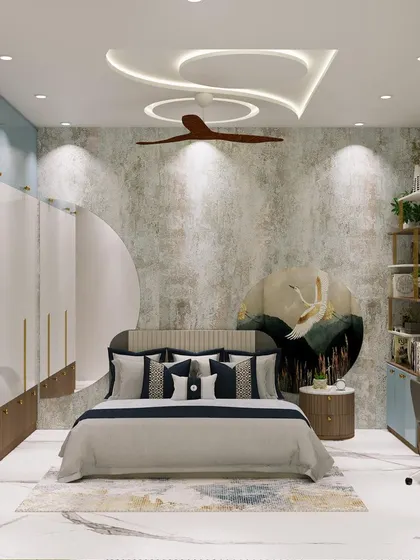 A textured accent wall with a circular art motif serves as the backdrop for the bed, adding depth and interest to the room.