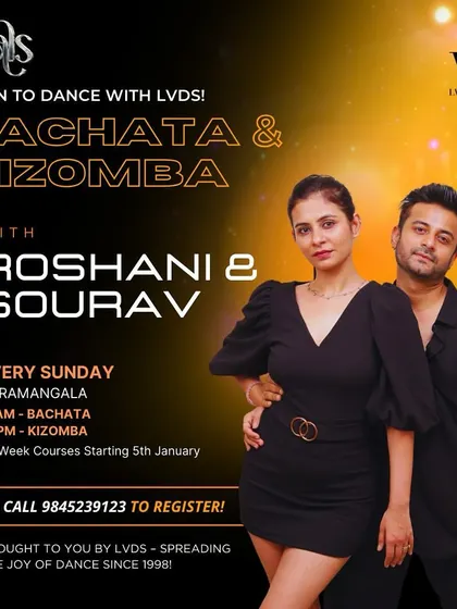 We're excited to welcome the dynamic duo Sourav & Roshani to our team! This poster announces their new Bachata and Kizomba courses in Koramangala, bringing their unique style to our community.