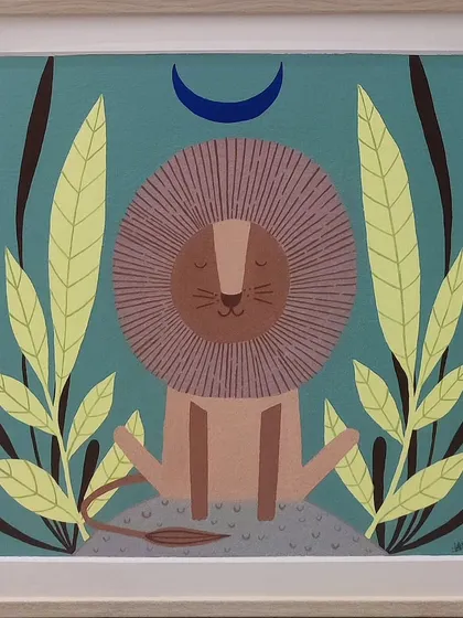 A serene, meditating lion surrounded by gentle foliage under a crescent moon. This custom painting uses a calming color palette of teal, brown, and soft yellow to create a peaceful vibe.