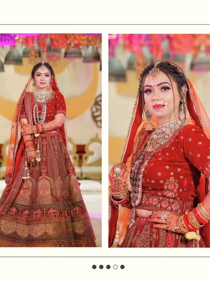 A two-panel portrait of the bride, showing both a full-length view and a close-up to highlight her makeup and jewelry.