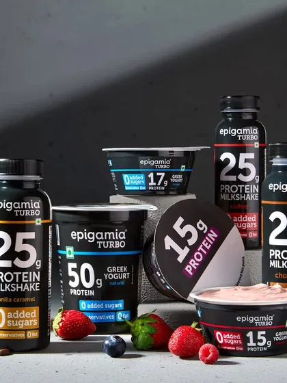 This group shot for Epigamia's Turbo range was about showcasing the entire product line in one powerful image. I created a strong, architectural composition to give the products a heroic feel, highlighting the brand's focus on protein and performance.
