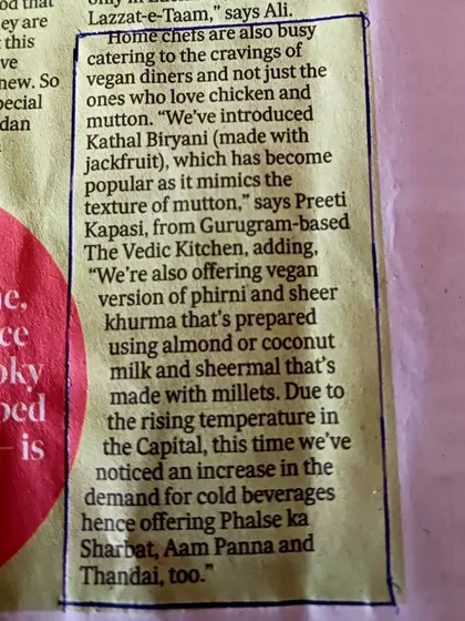 A snippet from the HT City article mentioning my vegan Kathal Biryani, Phirni, and Sheer Khurma, all created for a compassionate Eid celebration.