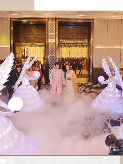 Your entrance as a couple should be nothing short of spectacular. For this reception, we captured the moment with performers dressed as angels and a cloud of smoke, creating a truly magical and unforgettable entry. It’s these unique, grand moments that make your wedding film stand out.