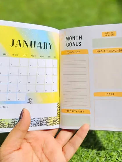 A look inside the January page of my pocket planner. Each month has a calendar, a goals section, a to-do list, a habit tracker, and a space for ideas.