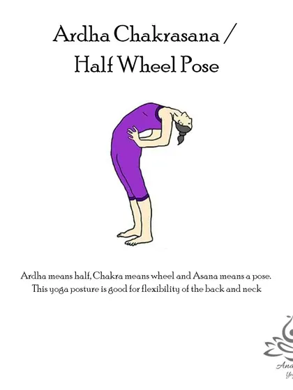 Ardha Chakrasana (Half Wheel Pose) opens the chest, strengthens the arms and shoulders, and improves the flexibility of the back and neck.