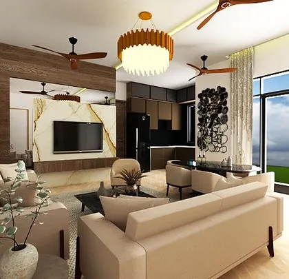 This render showcases the grand feel of the living room, with floor-to-ceiling windows, multiple fans for air circulation, and a statement chandelier over the dining table.