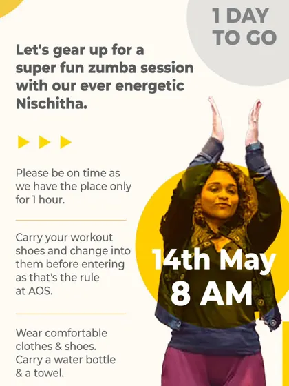 One day to go! The final reminder for our super fun Zumba session. The anticipation is part of the fun.