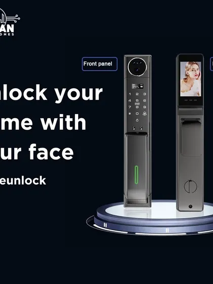 Your face is now your key. This is our advanced facial recognition smart lock, offering truly touchless entry. The front panel includes a high definition camera and a discreet keypad, while the back panel has a screen to see who is at the door.