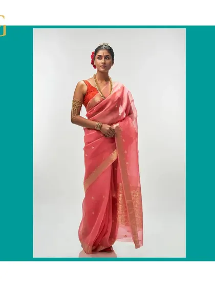 This front-facing view of the salmon organza saree showcases its warm, inviting color and the delicate craftsmanship of the gold zari work.