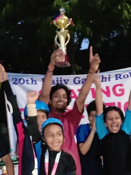 A proud moment for the Black Diamond crew. We celebrated a big win at the Rajiv Gandhi Skating Competition, holding the first place trophy high. My students' hard work and dedication always pays off.