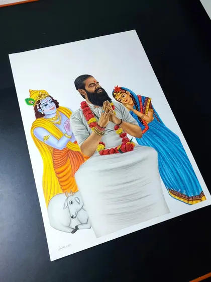 A unique custom colour pencil sketch from Indore, where the client wanted to be drawn with Radha and Krishna. It was a beautiful concept to bring to life.