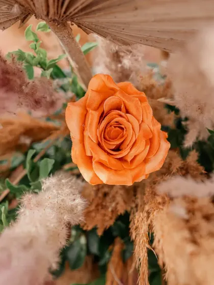 A close-up of an orange rose, part of the elegant floral arrangements for an intimate sit-down lunch.