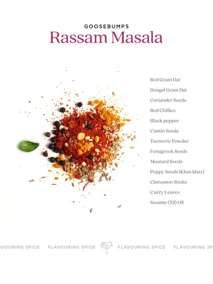 A beautiful deconstruction of the ingredients in my Rasam Masala. You can see the red gram dal, black pepper, mustard seeds, and curry leaves that are ground together to create this flavourful blend.