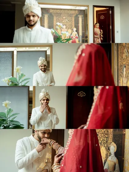 A heartwarming sequence showing the 'first look' between the bride and groom. The groom's emotional reaction and the tender kiss on her hand tell a story of love and anticipation.