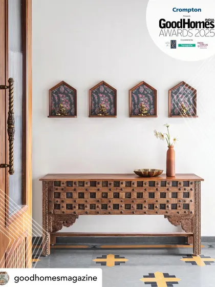 The foyer of Prangan, with its repurposed teak console and custom stone flooring, was another key element highlighted in our award-winning feature for "Crusader of Indian Designs."