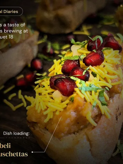 A taste of what's brewing in our kitchen. These Dabeli Bruschettas are a fusion of Gujarati street food and Italian appetizers, topped with sev and pomegranate for that perfect mix of sweet, spicy, and crunchy.