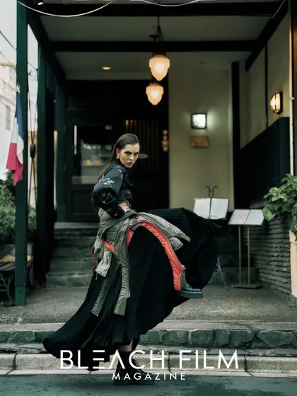This image, published in Bleach Film Magazine, was part of a series shot on the streets of Tokyo, capturing a high-fashion look in an everyday setting.