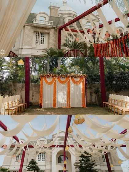 The decor sets the stage. Here, I've captured the beautiful marigold and white fabric setup for an outdoor Haldi ceremony.