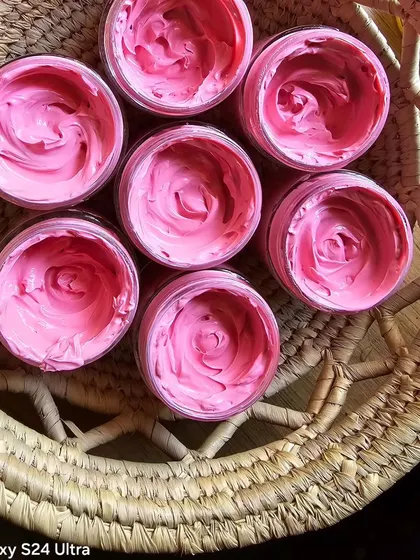 An aerial shot of the Rose Calamine Facepack batch, looking like little pink roses.
