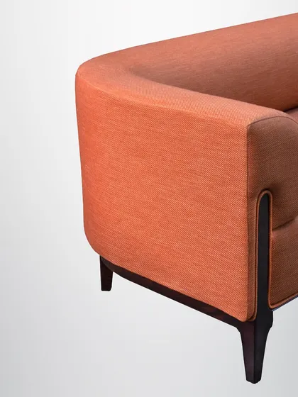 This orange sofa features a unique design with a curved back and integrated bolster pillows. It's a stylish relaxation piece that makes a statement.