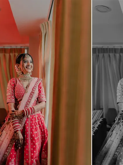 A creative split-shot of the bride. On the left, a warm, colourful portrait; on the right, a timeless black and white version, showcasing her elegance in different lights.