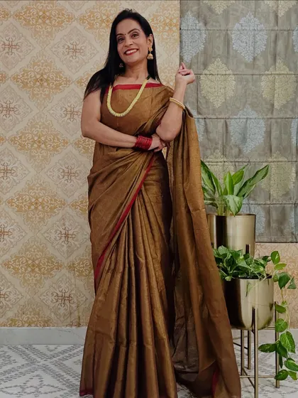 An earthy brown tissue saree with a red border. This is a unique and beautiful color combination that looks very sophisticated.