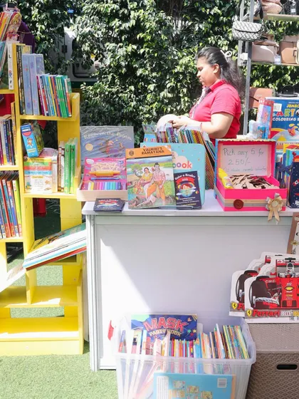A full view of my book stall at a recent event. I always bring a diverse, handpicked collection, including storybooks, activity books, and unique finds to catch everyone's interest.