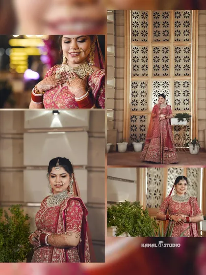 A collage of the bride's portraits, showcasing her beautiful pink lehenga and diamond jewelry.