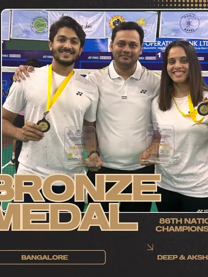Deep Rambhiya and Akshaya Warang with their bronze medals at the 86th Senior National Badminton Championships. Competing and winning at the national level is a key focus of our advanced training.