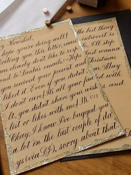 I scribed this fun Secret Santa letter for a colleague. Even a quick, playful note feels more special when it's handwritten with elegant calligraphy and finished with gold foil edges.