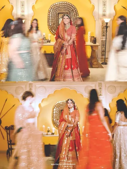 A motion-blur photo capturing the whirlwind of activity and emotion around the bride as her friends and family celebrate.