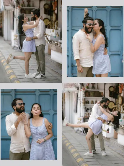 A playful and fun collage from a pre-wedding shoot, showing the couple's goofy and affectionate sides against a bright blue backdrop.