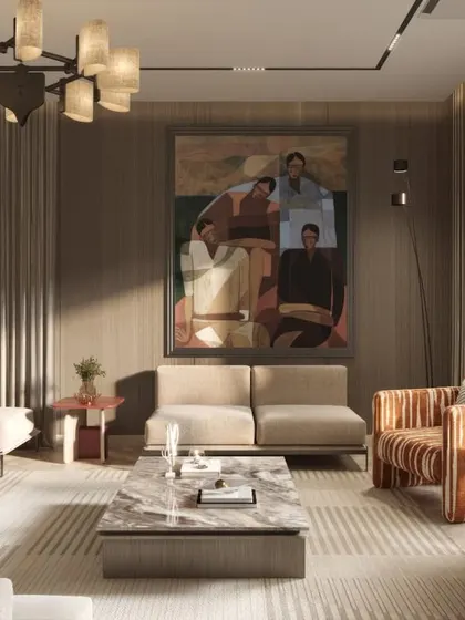 A collection of views from a contemporary living room, where neutral tones and varied textures create a calm, sophisticated environment. We've focused on the interaction of different materials, from the plush striped chairs to the marble coffee tables.