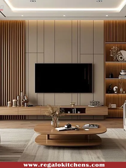 A warm and inviting living room unit featuring full-wall wood paneling. The floating console and open shelving offer a balanced composition for media and decor.
