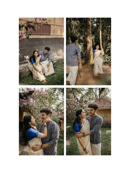 A collage of sweet moments from a pre-wedding shoot in a traditional garden.
